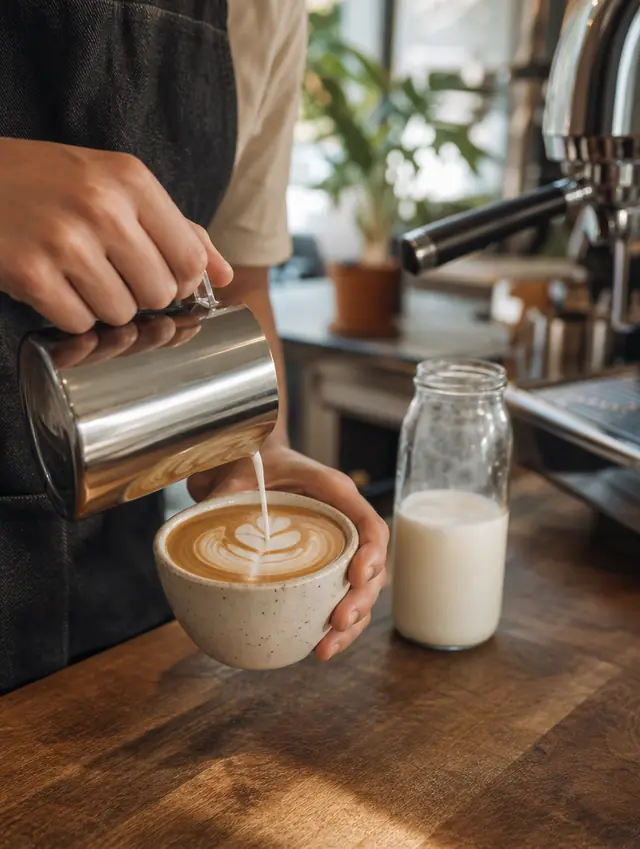Barista pouring steamed milk into a latte