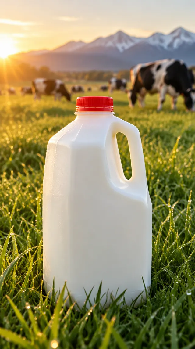 A returnable plastic half gallon of milk standing in a dewy pasture at sunrise