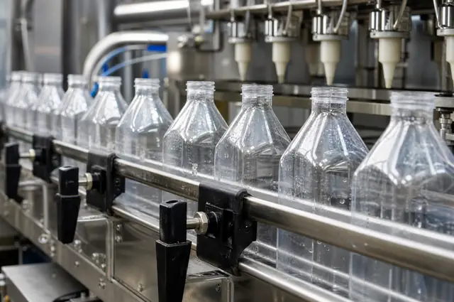 Clear bottles moving along a filling line