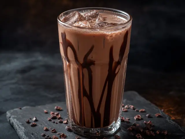 Tall glass of cold chocolate milk