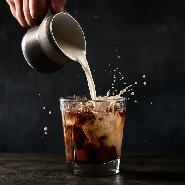 Cream pouring into a glass of cold brew coffee