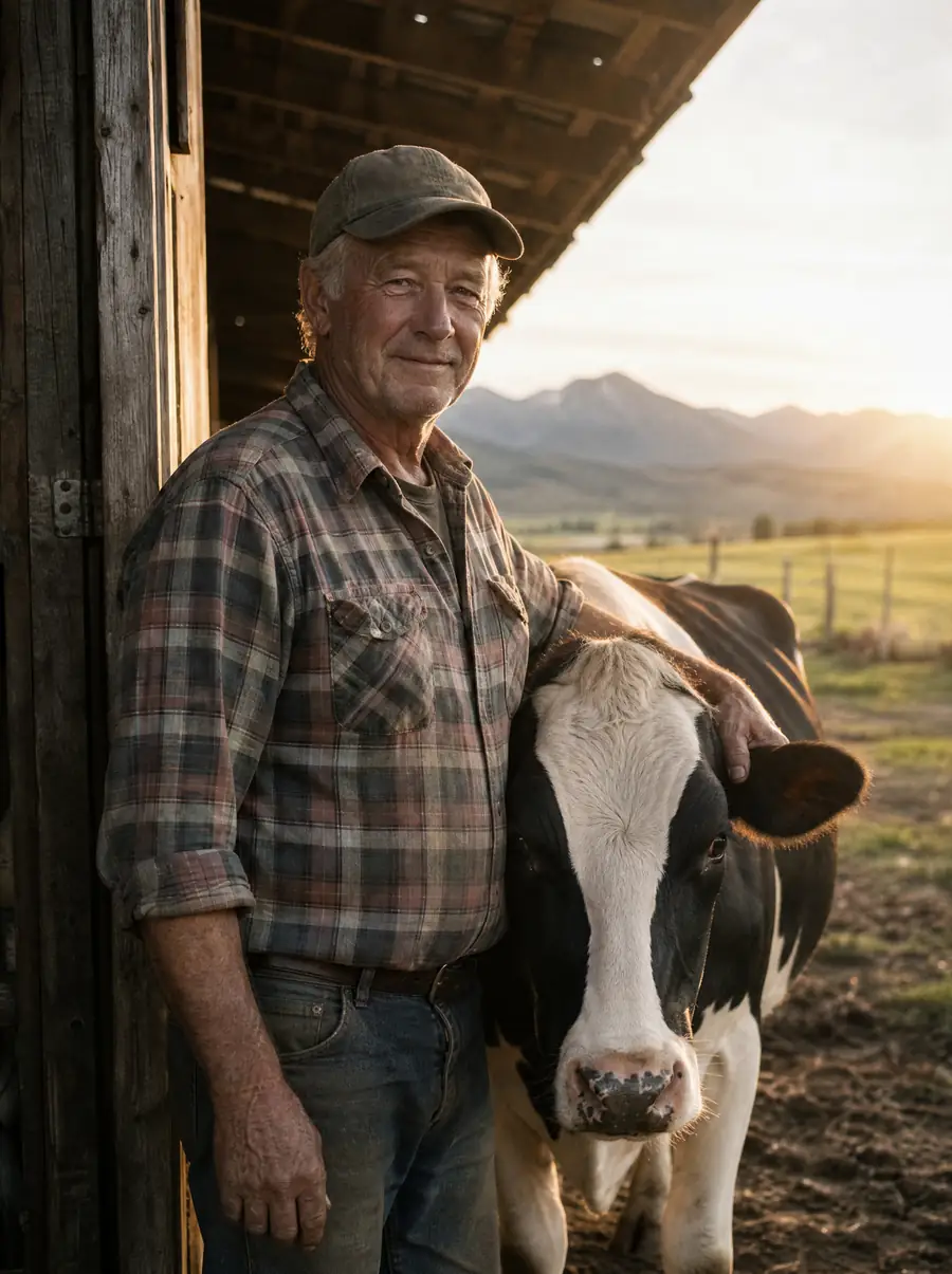 A dairy farmer resting a hand on a Holstein cow in a barn doorway at golden hour