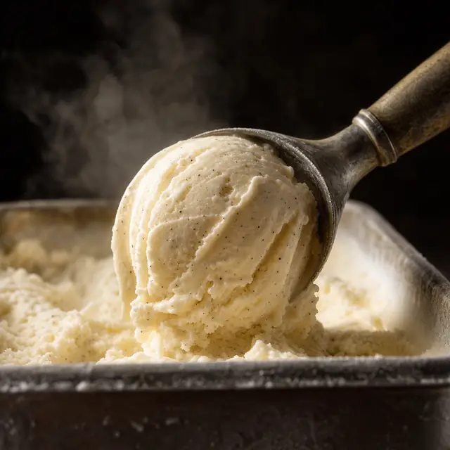 A scoop of vanilla bean ice cream being lifted from a steel tub