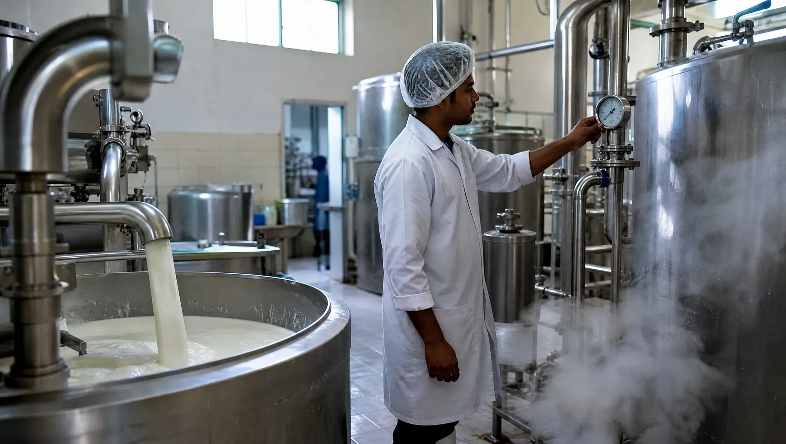Worker in a white coat checking a gauge inside a stainless steel dairy processing plant