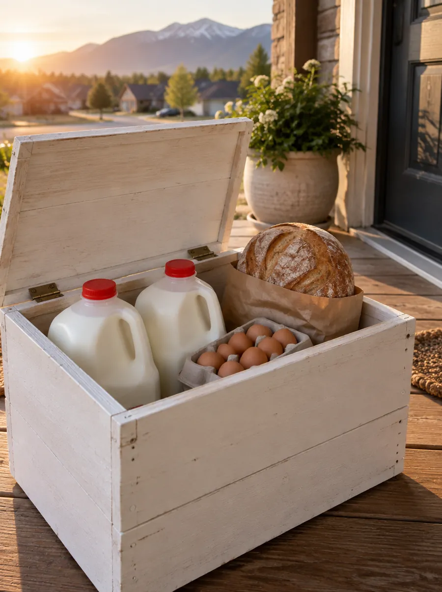 Two bottles of Rosehill milk, eggs and bread in a white wooden porch delivery box at sunrise