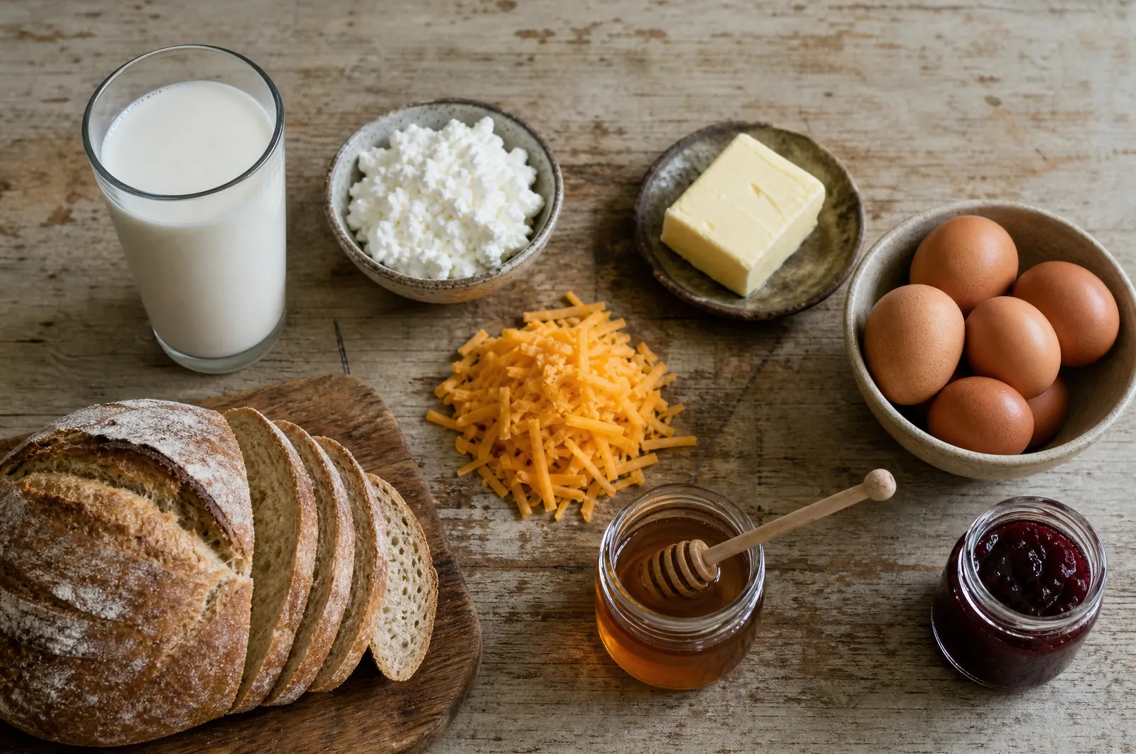 Glass of milk, cottage cheese, shredded cheddar, butter, eggs, bread, honey and jam on a farmhouse table