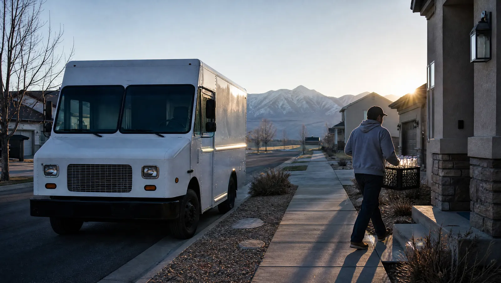 A delivery driver carrying a crate of milk bottles up a front walk at sunrise